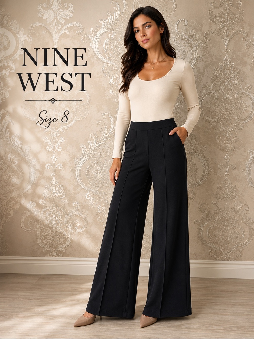Nine West Wide Leg Pants Size 8 Black Pull On Stretch Pintuck
